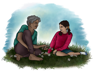 Drawing of Nana and female presenting child sitting on grass