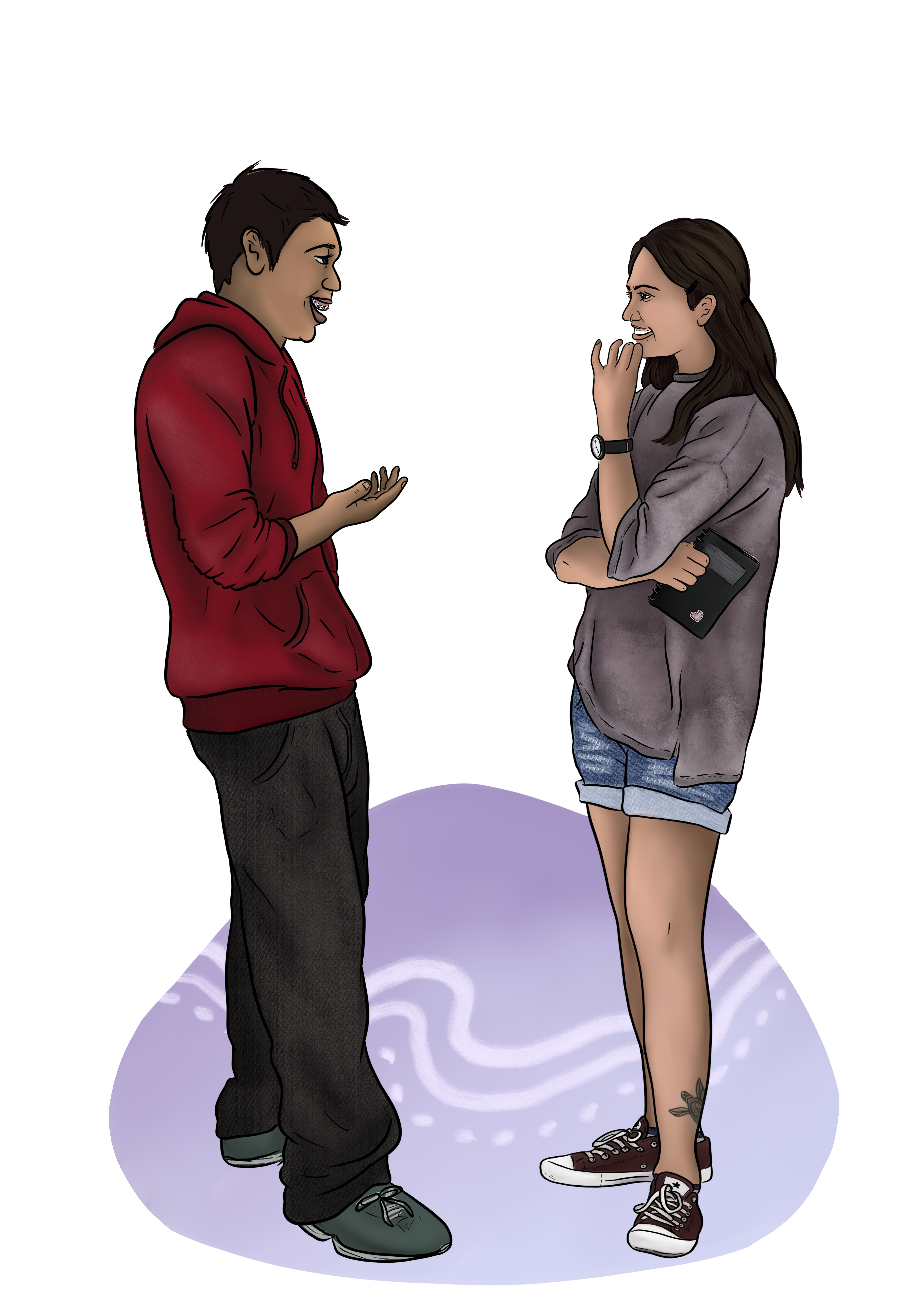 Graphic of male presenting teen yarning with a female presenting teen